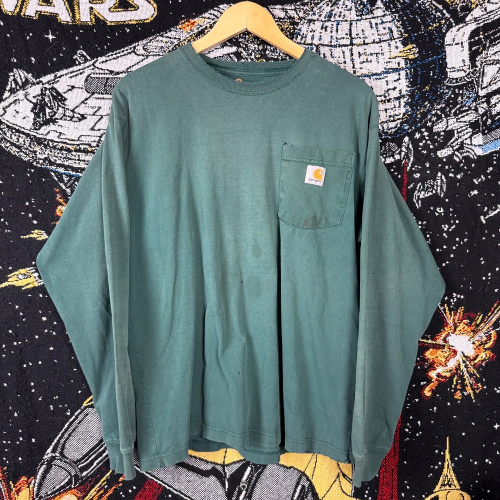 Carhartt Mens Long Sleeve Pocket T-Shirt Green Distressed Workwear Size M